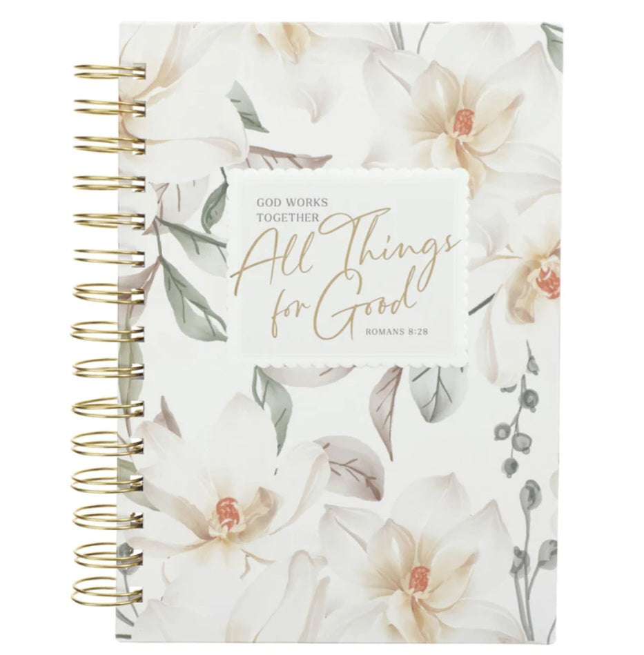 God Works Together All Things for Good White Floral Hardcover Wirebound Journal