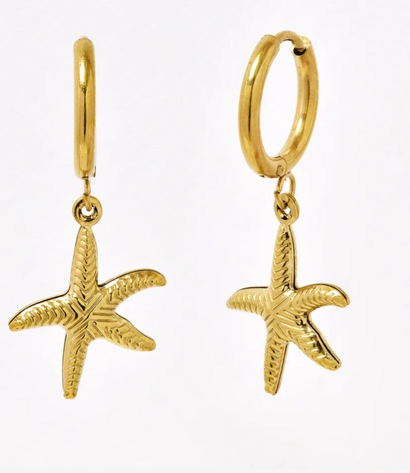 Gold Starfish drop hoop earrings (waterproof and tarnish free)