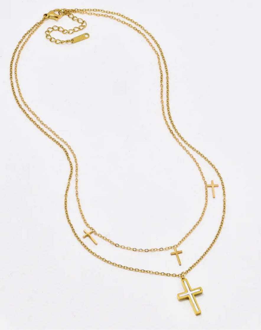 St Steel 39cm + 5cm layered cross necklace (waterproof and tarnish free)