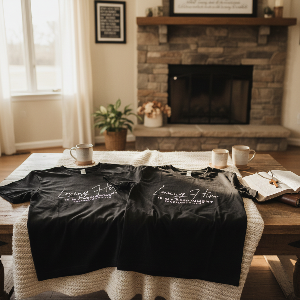 Short sleeve Couples T-shirt in romantic faith-centered setting