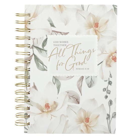 God Works Together All Things for Good White Floral Hardcover Wirebound Journal