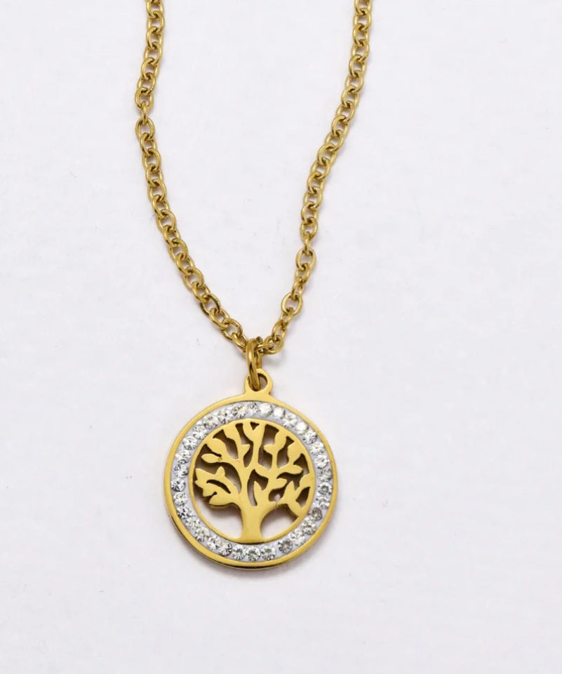 St Steel 42cm + 5cm round CZ tree of life necklace (waterproof and tarnish free)