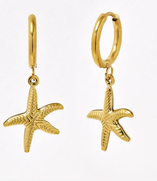 Gold Starfish drop hoop earrings (waterproof and tarnish free)