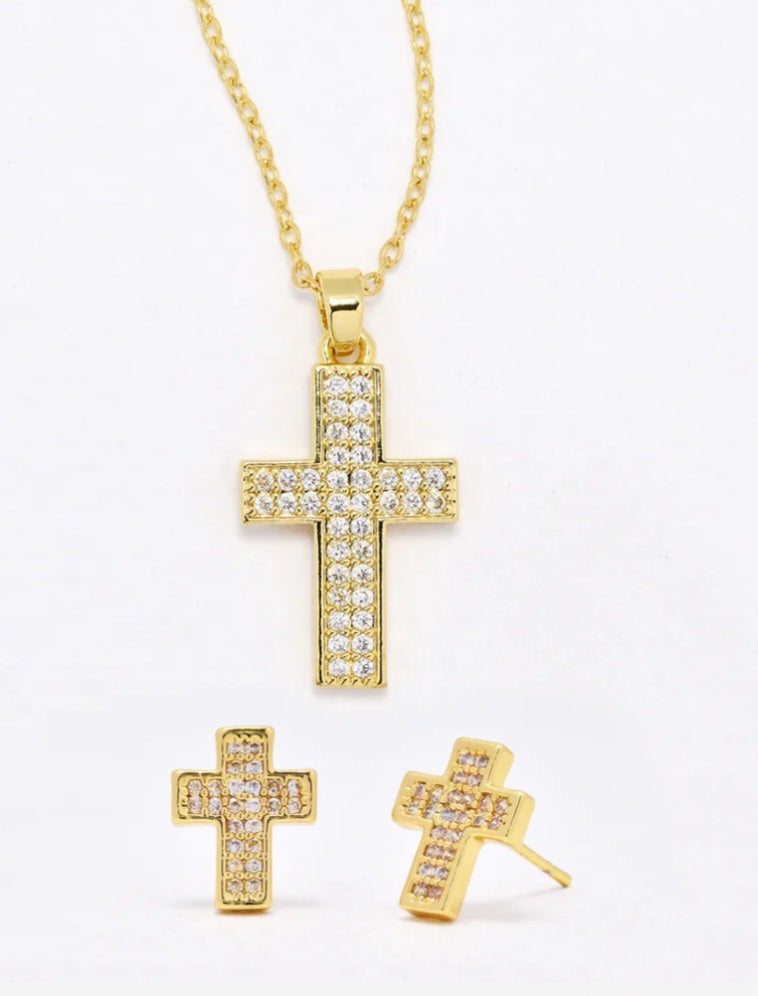 Premium CZ cross necklace & earring set